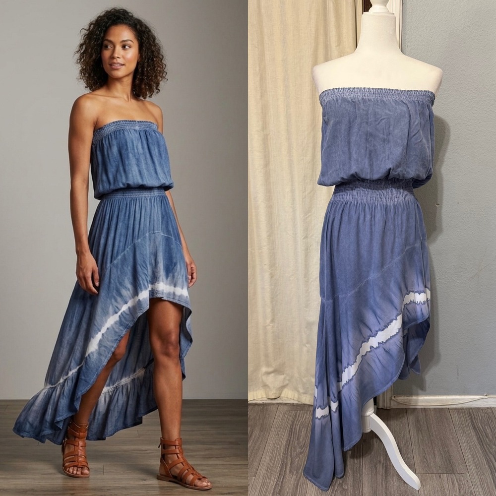 Storia Maxi Dress Size S Blue Tie Dye Strapless High-Low Smocked Waist Bohemian